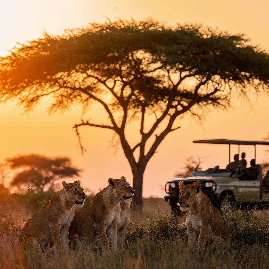 Pride at Sunset — Lionesses and the Safari Jeep Under an Acacia