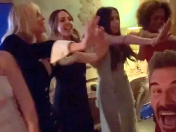 At a 50th birthday celebration, Victoria Beckham reunites with the Spice Girls for an epic singalong