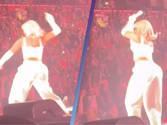 After being struck by an object on stage, Nicki Minaj flings it at a fan