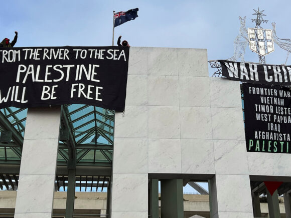 After scaling the roof of Australia’s Parliament House, four protesters in favor of Palestine were arrested