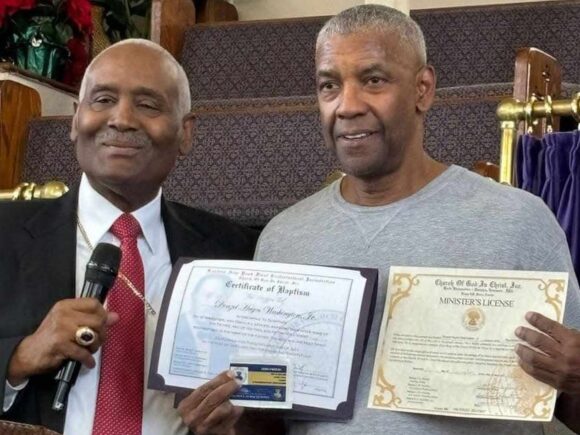 Denzel Washington gets baptized and licensed as a minister at the Harlem Church