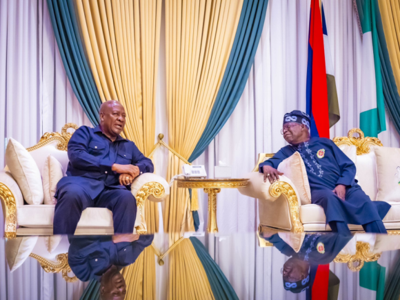 John Mahama, the president-elect of Ghana, is received by Tinubu at State House