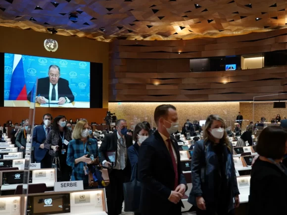 As Russia addresses the UN Human Rights Council, dozens of delegates leave