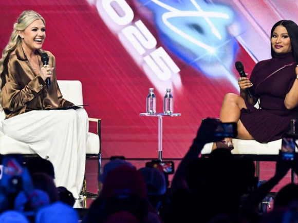 Nicki Minaj arrives at the Turning Point USA AmFest and compliments Vance and Trump