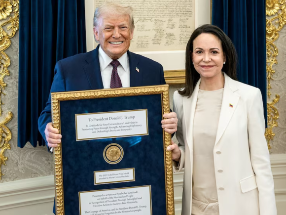 Trump Receives Nobel Peace Prize Medal From the Leader of the Venezuelan Opposition Maria Corina Machado