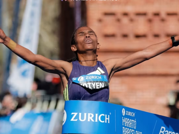 Fotyen Tesfay of Ethiopia achieves the second-fastest time ever in her marathon debut